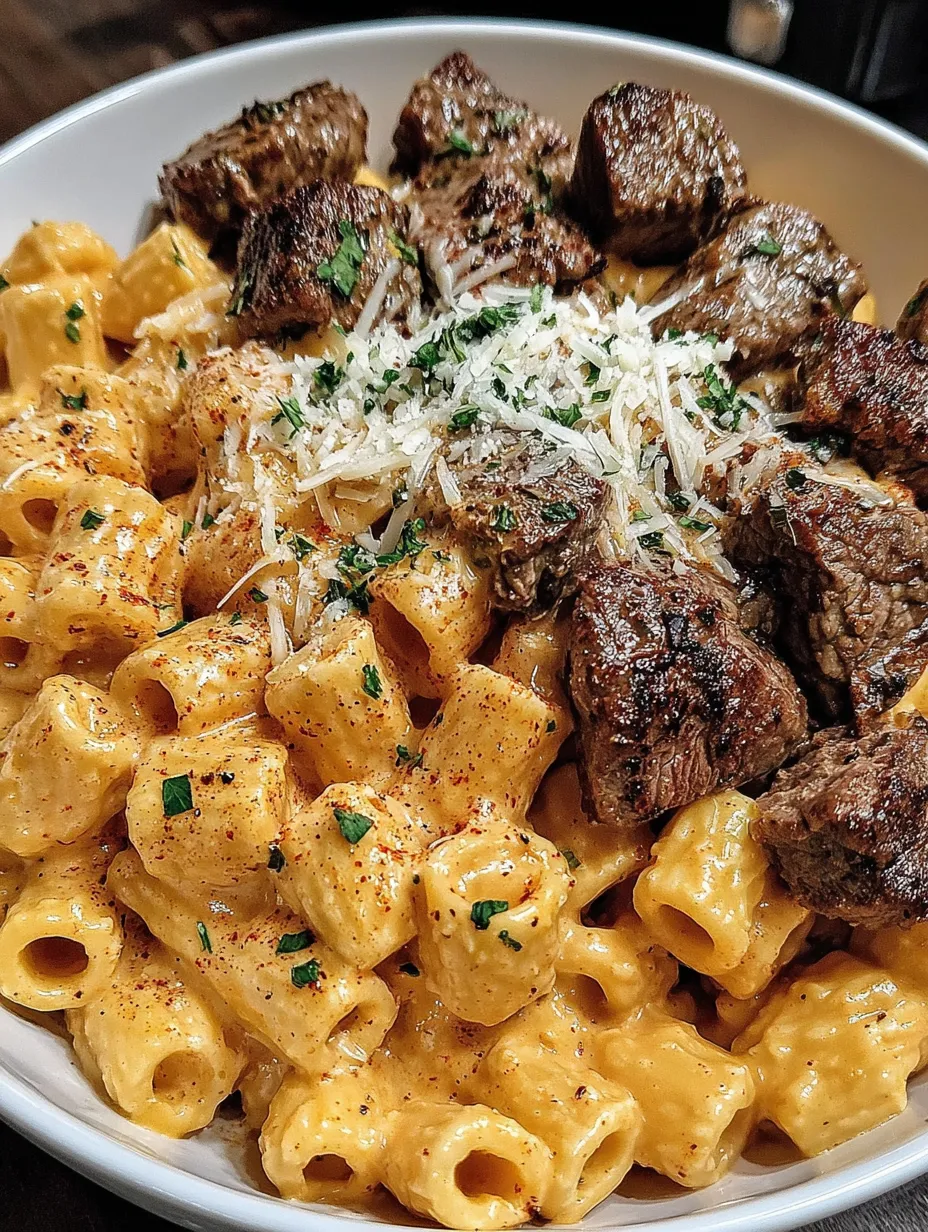 A bowl of Cajun steak cheesy rigatoni parmesan.