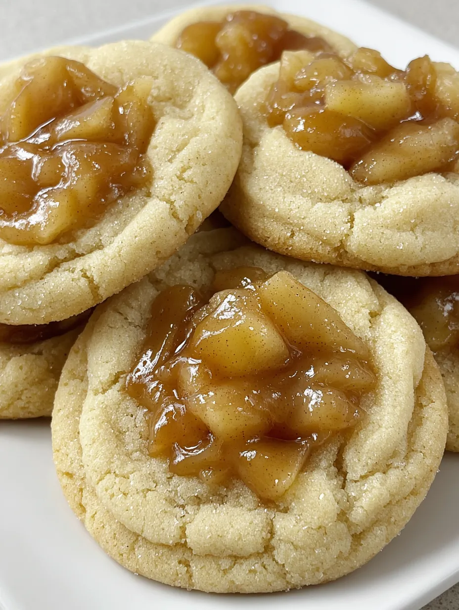 A plate of cookies with apple sauce on top.