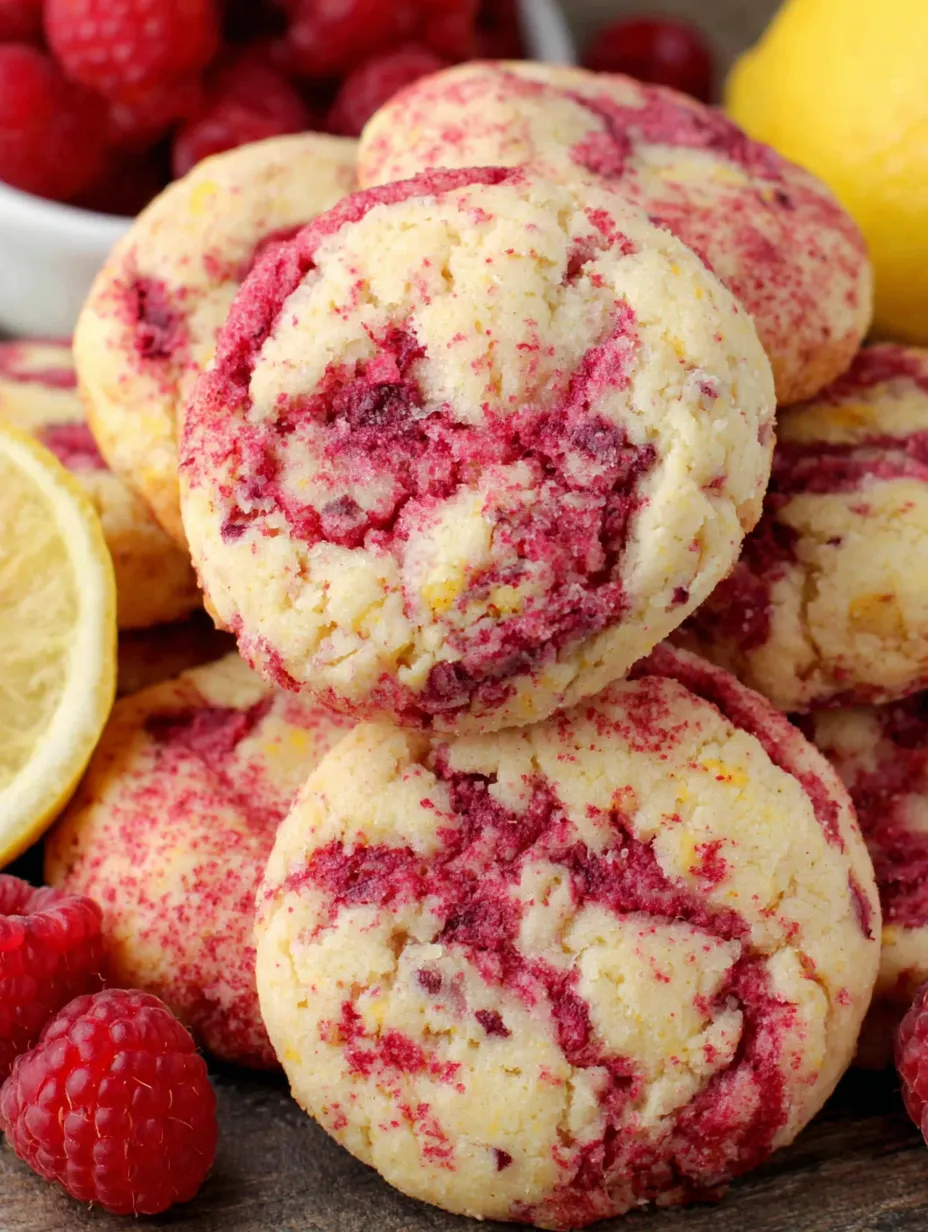 A stack of cookies with a lemon and raspberry flavor.