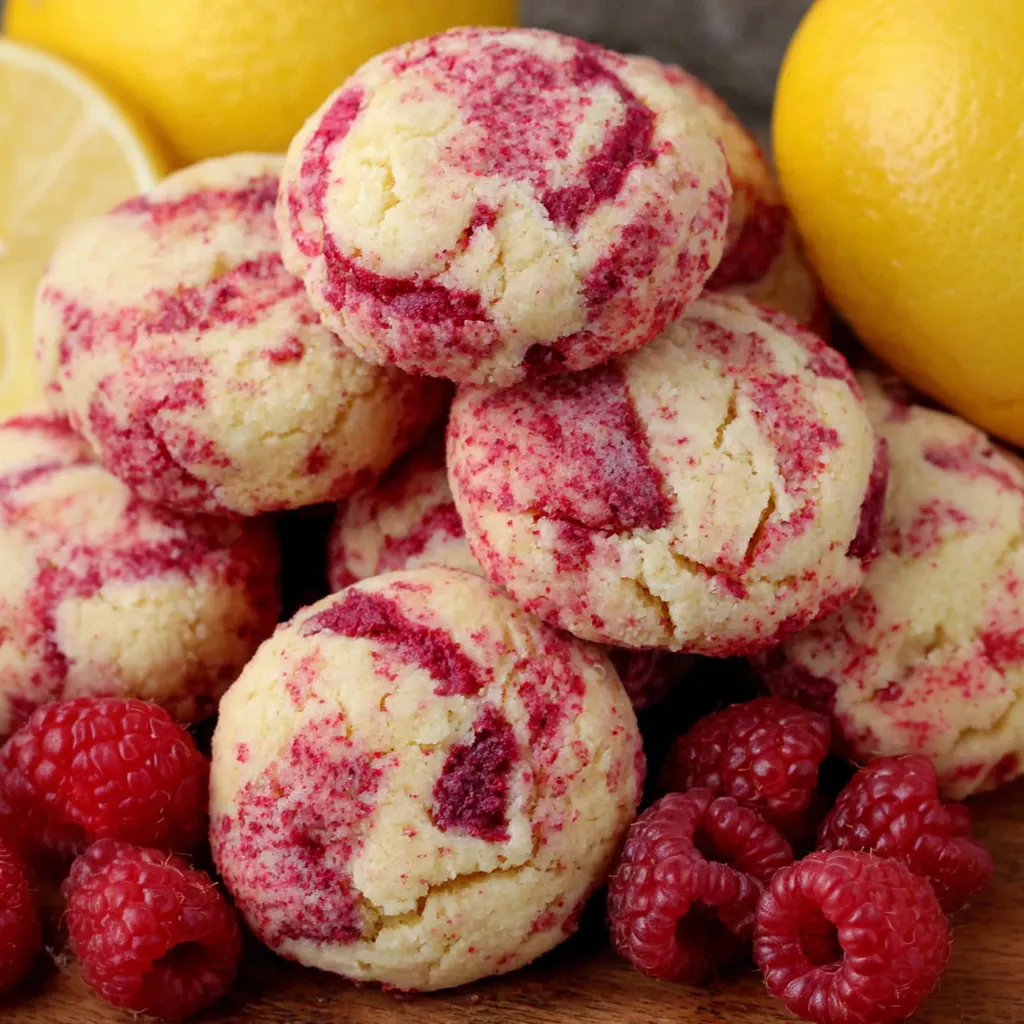 A stack of cookies with a lemon and raspberry flavor.
