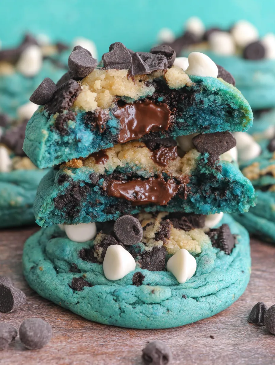 A stack of blue cookies with chocolate chips and white chocolate.