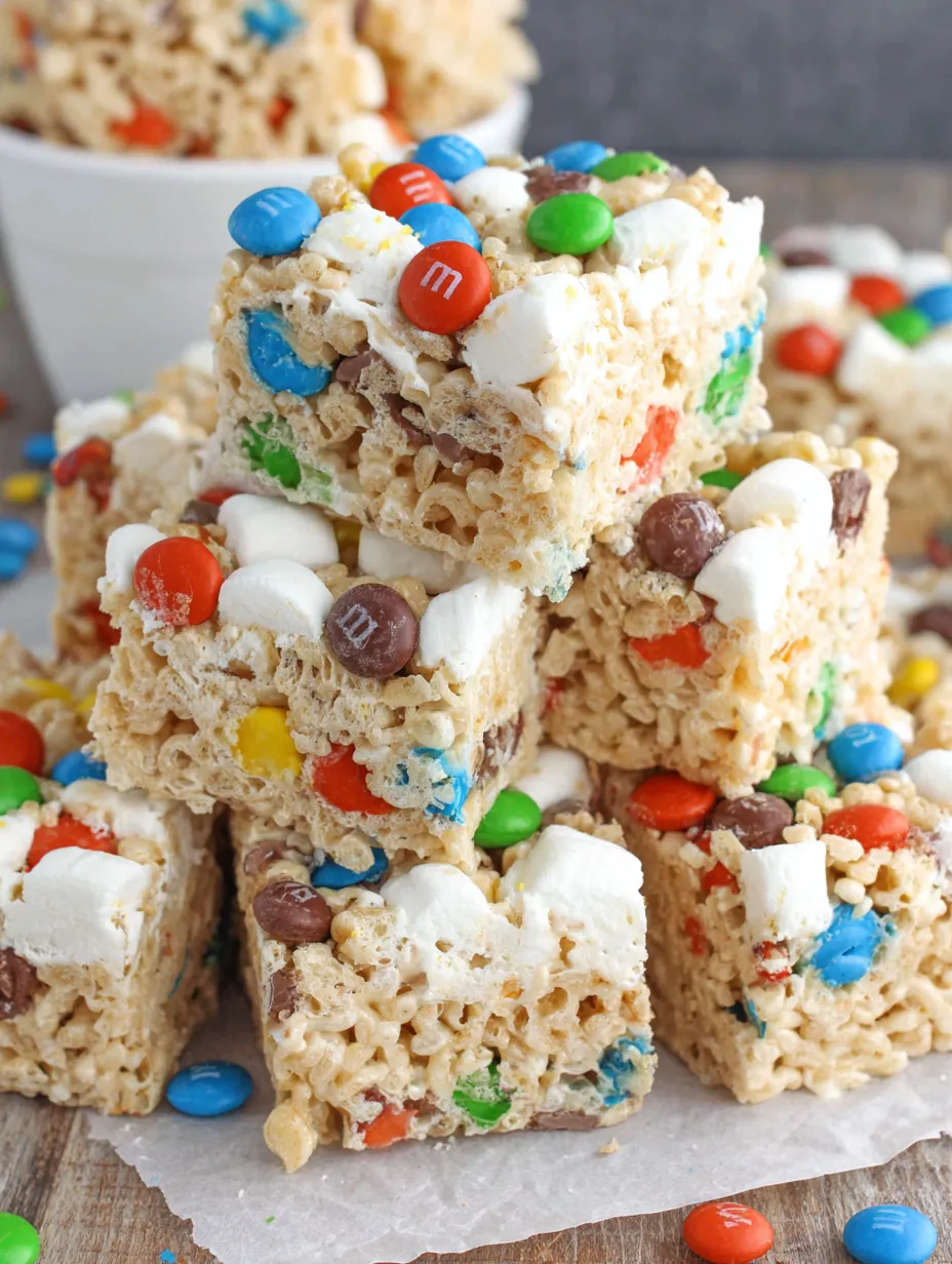 A stack of M&M Rice Krispie Treats.