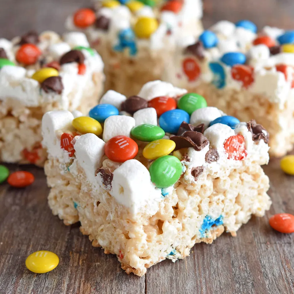 A close up of a rice krispie treat with m&m's.