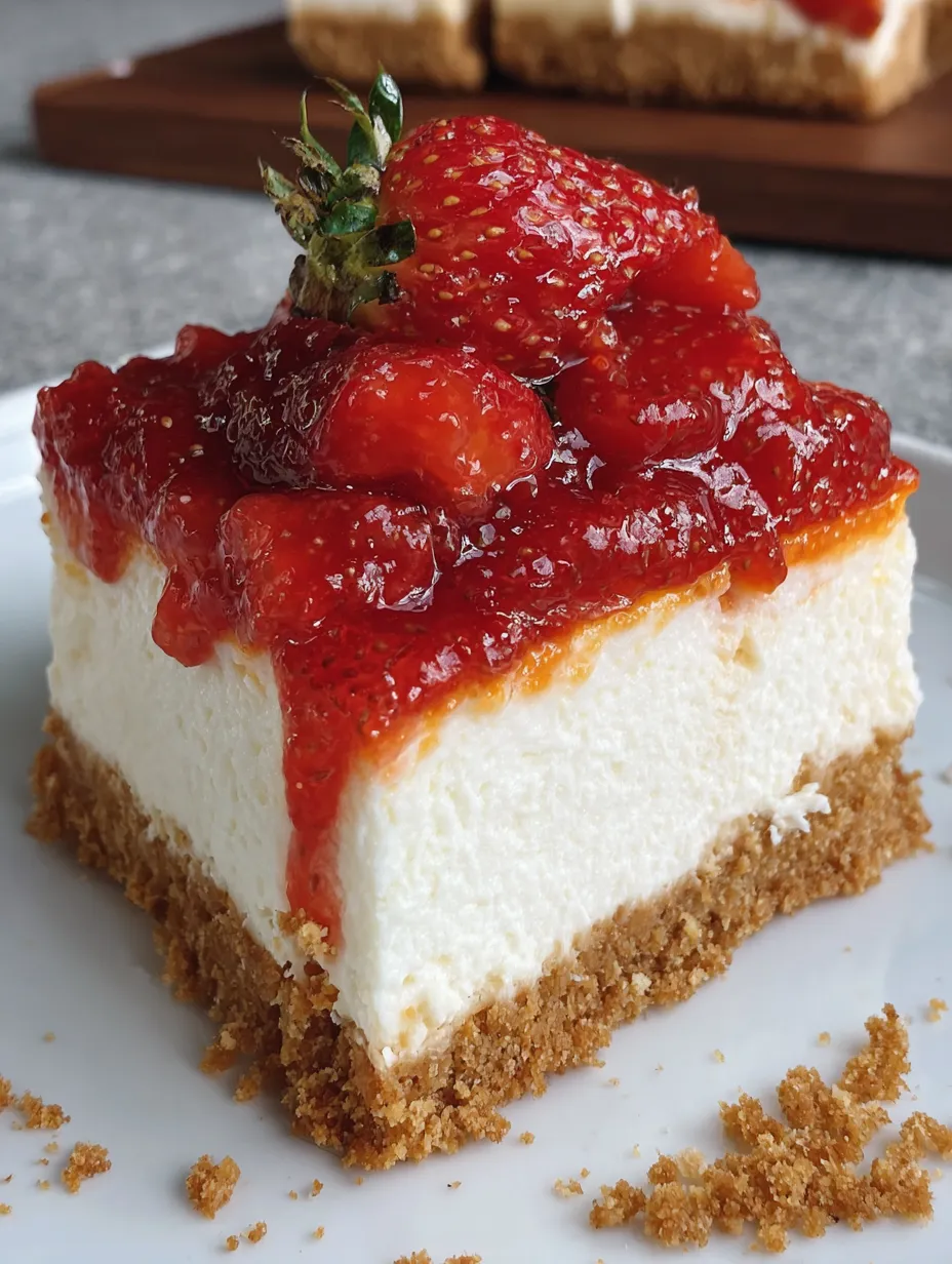 A slice of strawberry cheesecake bars.