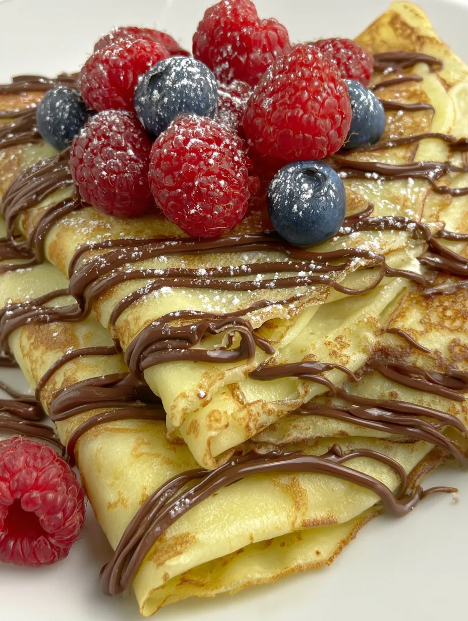 A stack of crepes with chocolate sauce and berries.
