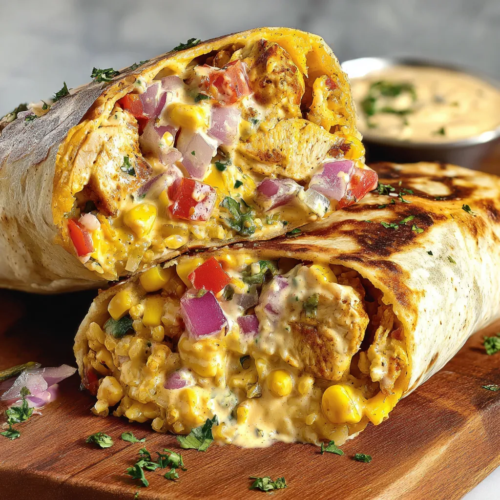 A burrito with chicken and vegetables.