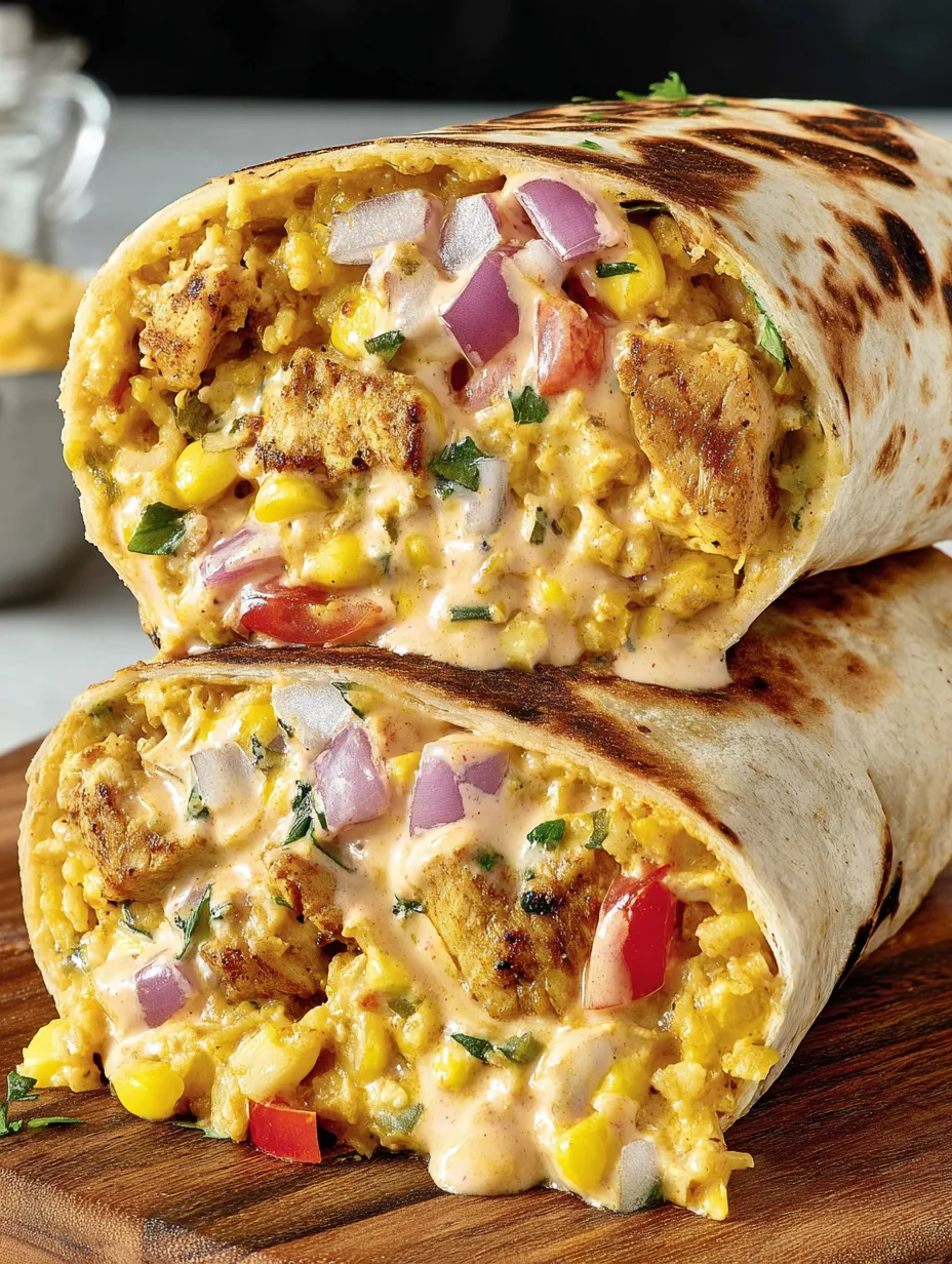 A burrito with chicken and vegetables.