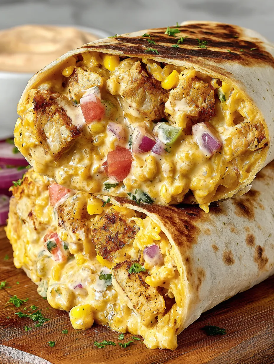 A burrito filled with chicken and vegetables.