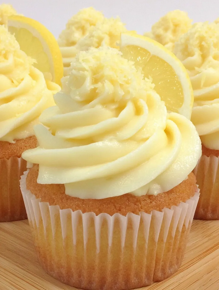 Lemonade cupcakes with yellow frosting and lemon slices.