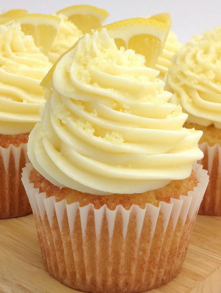 Lemonade cupcakes with white frosting and lemon wedges on top.