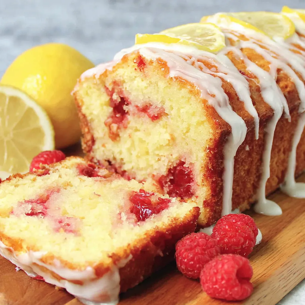 A slice of lemon raspberry pound cake.