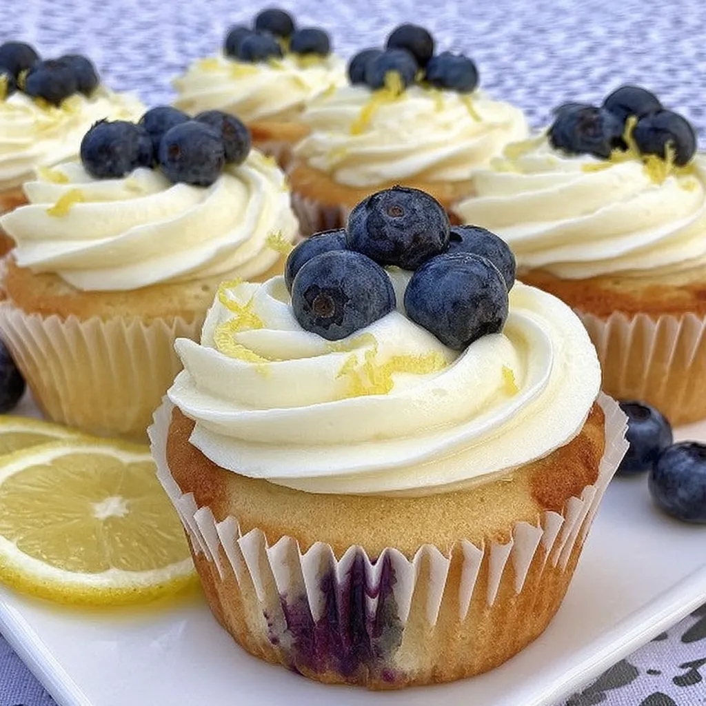 A plate of cupcakes with blueberries and lemon.
