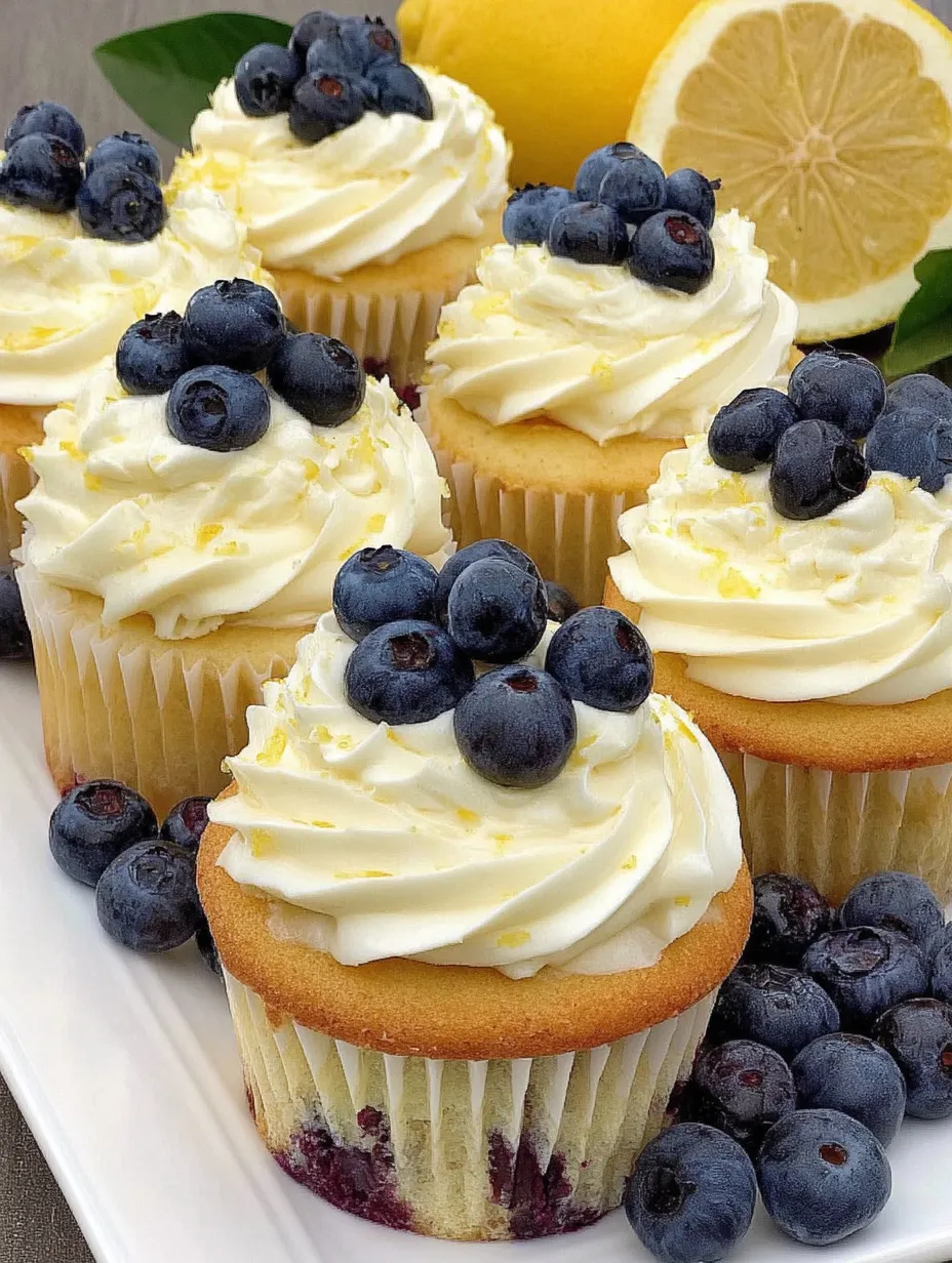 A plate of cupcakes with blueberries and lemon.
