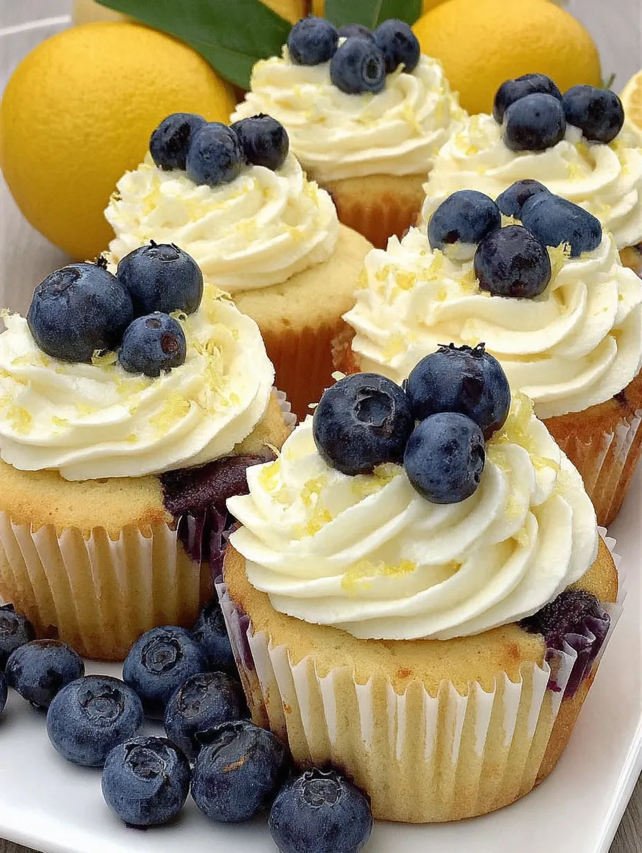 A plate of cupcakes with blueberries and lemon.