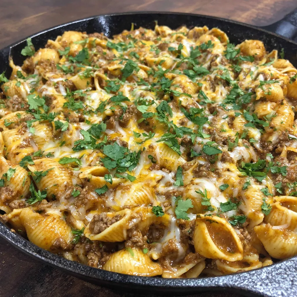 A pan of cheesy enchilada hamburger helper.