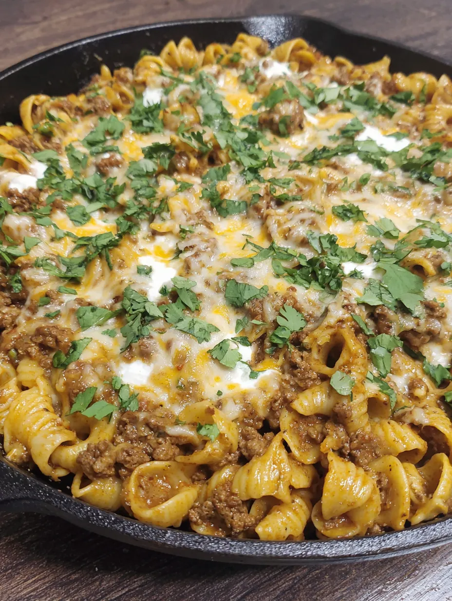 A close up of a cheesy enchilada hamburger helper.