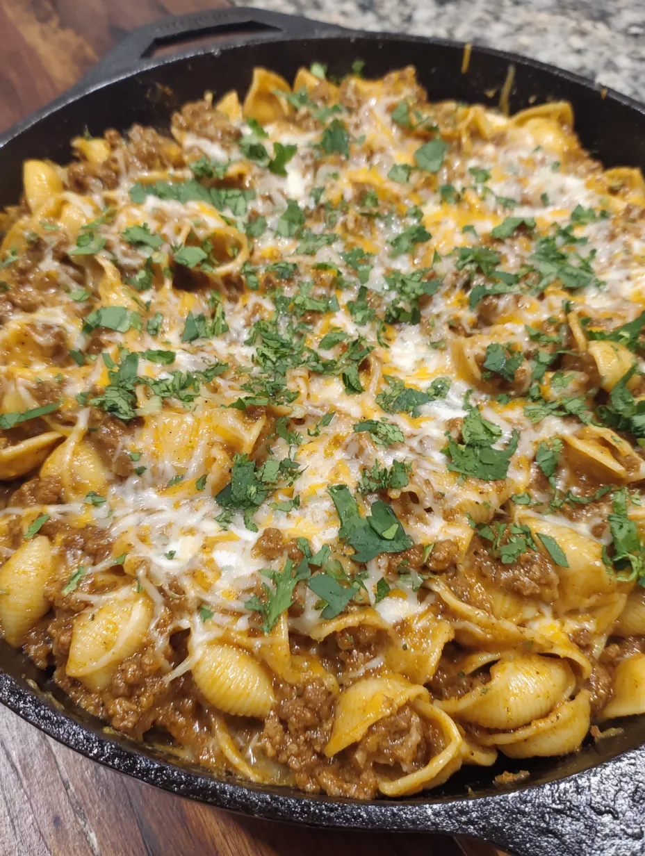A close up of a cheesy enchilada hamburger helper.