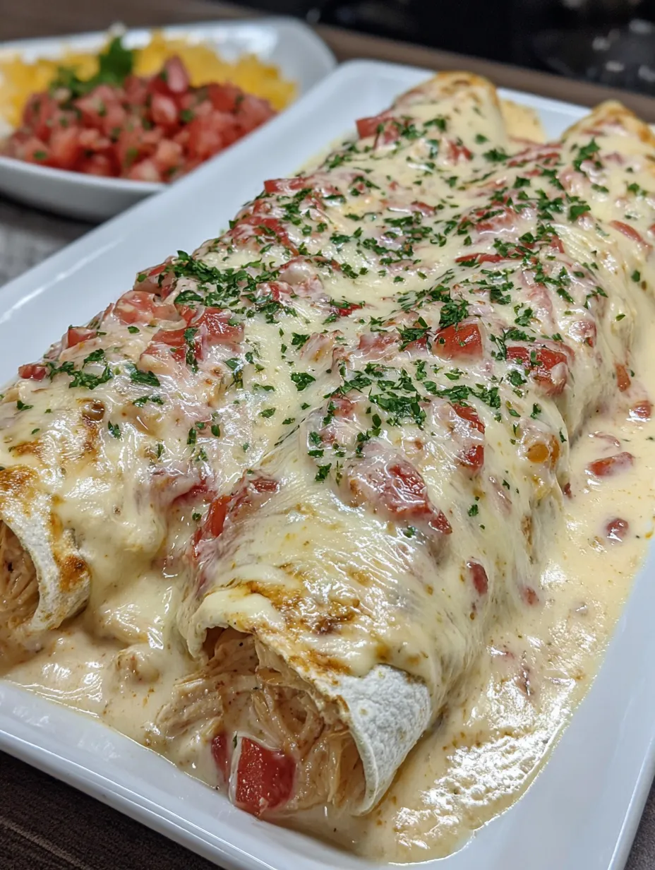 A delicious queso chicken enchilada with tomatoes and cheese.
