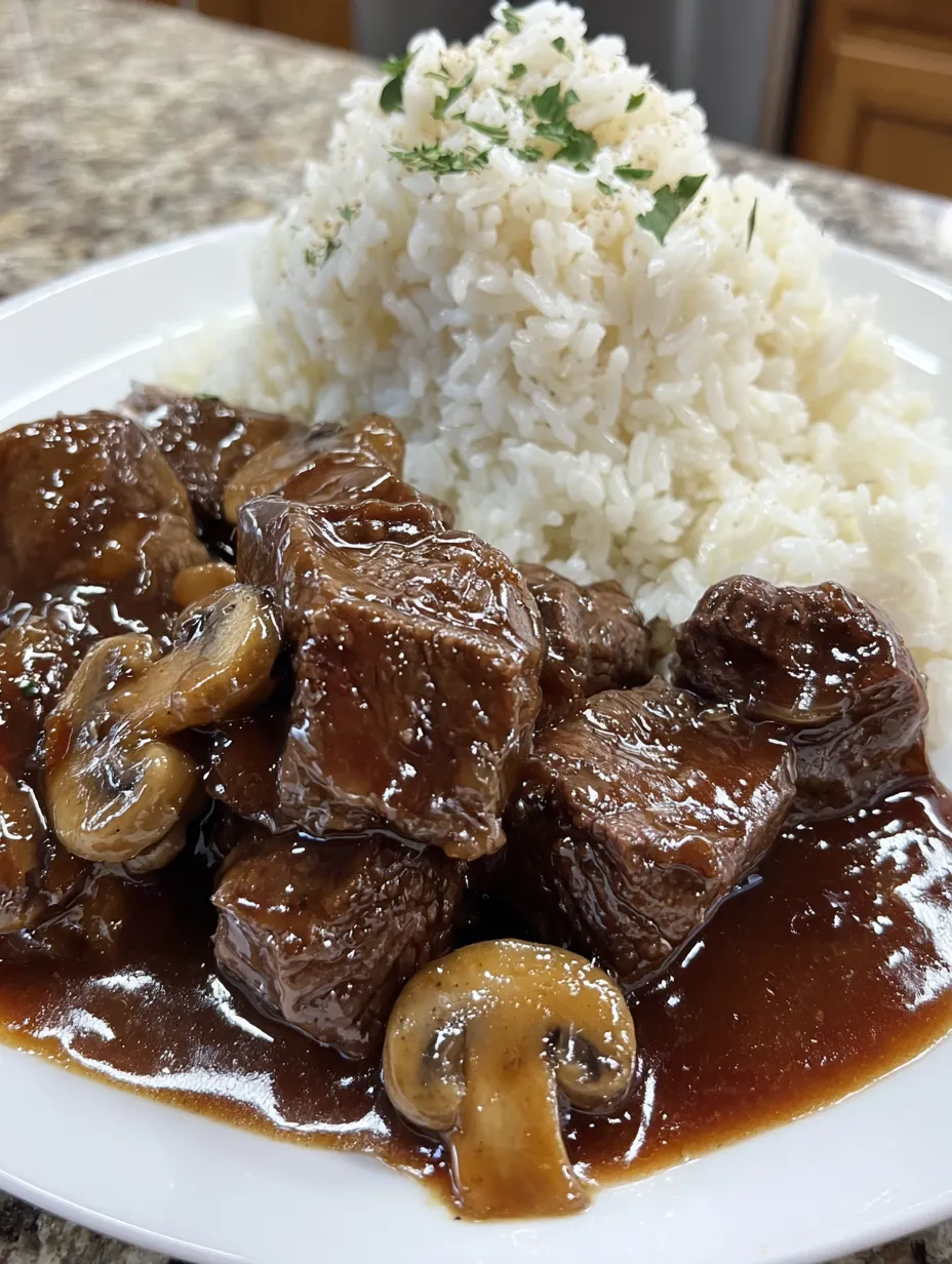 A plate of beef tips and gravy.