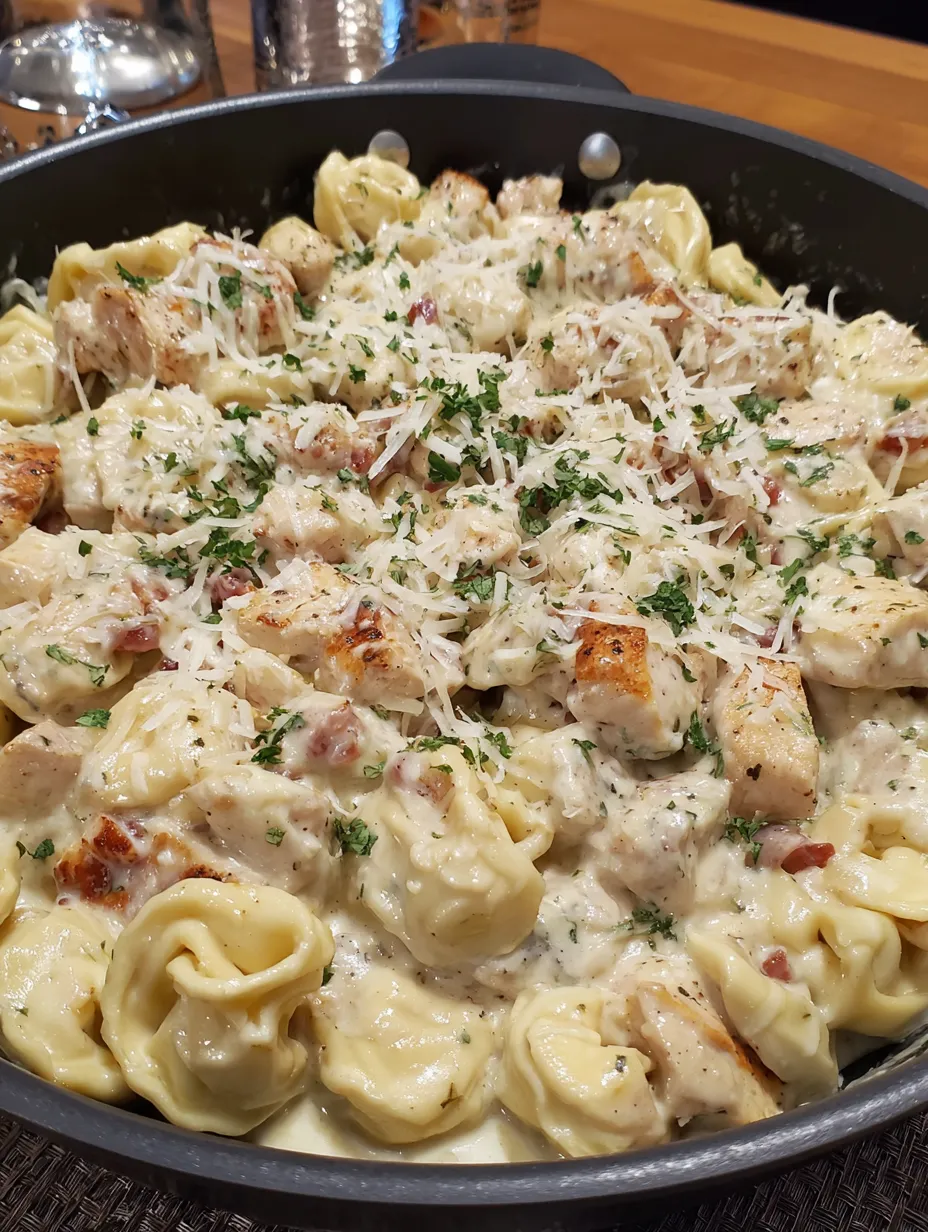 A dish of Italian Parmesan Chicken Tortellini.
