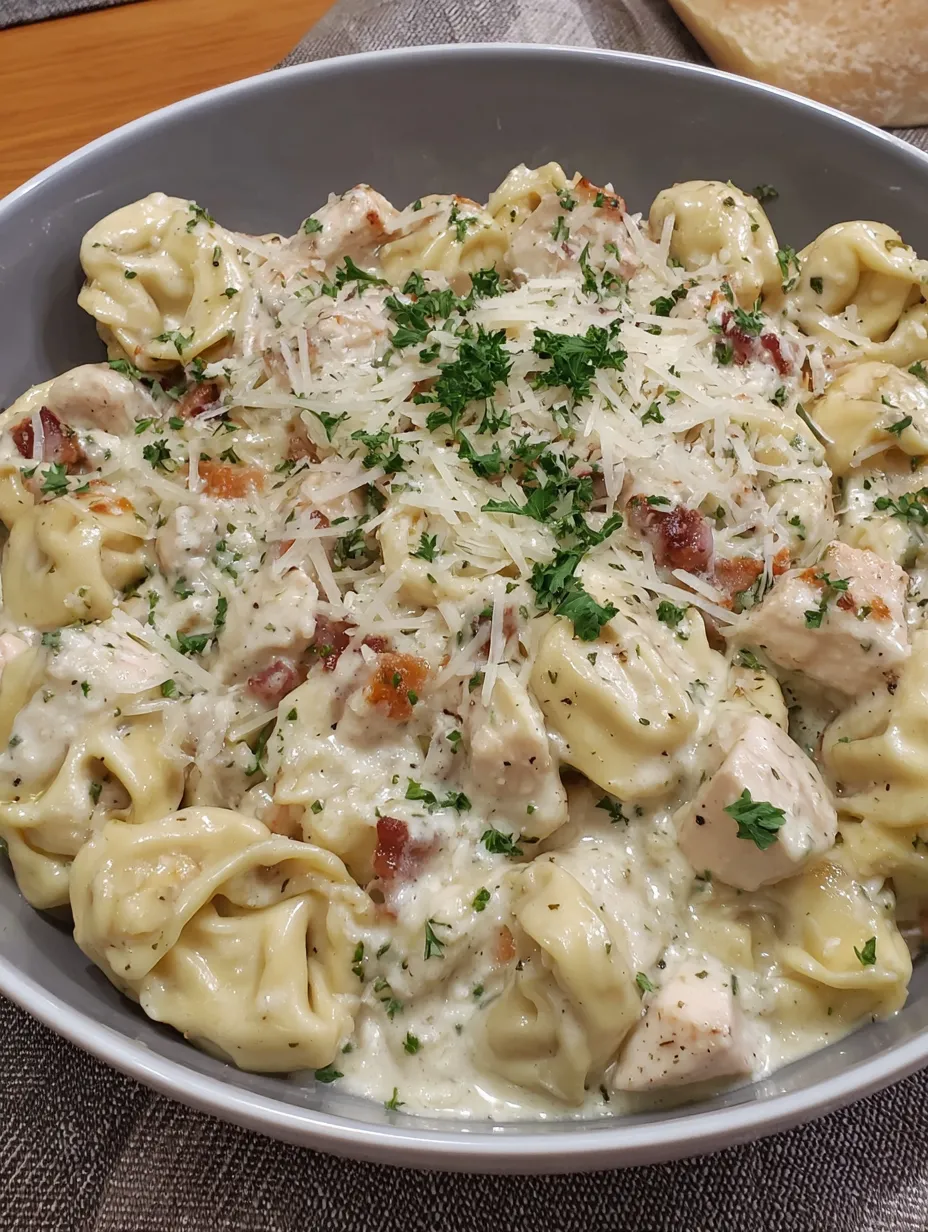 A bowl of Italian Parmesan Chicken Tortellini.