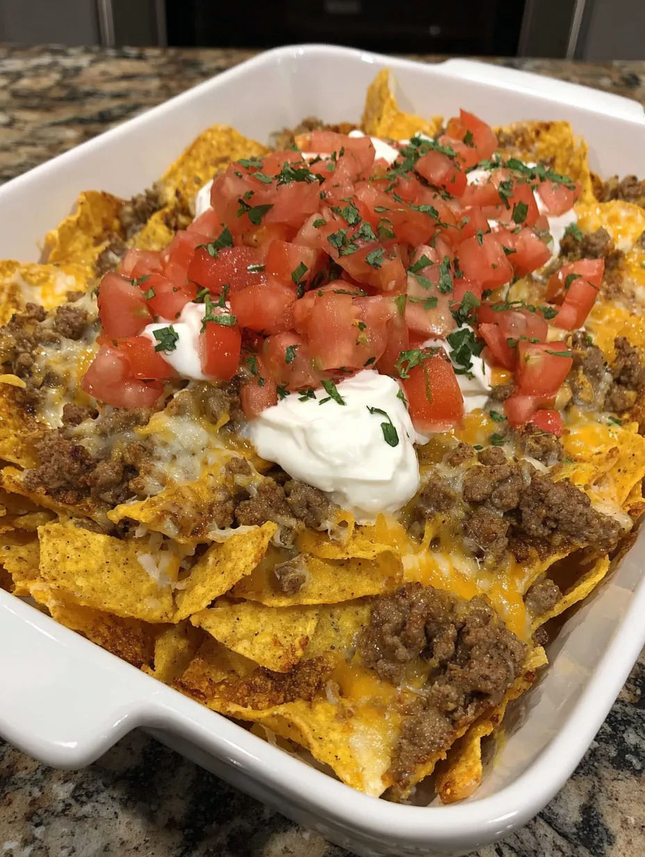 A cheesy Dorito taco casserole with tomatoes and white cheese.