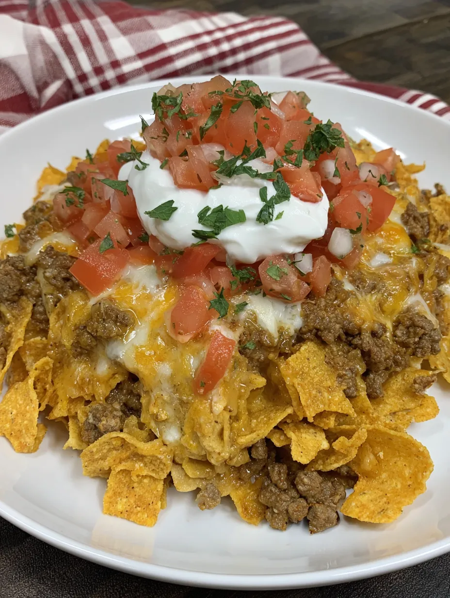 A plate of cheesy Dorito taco casserole.