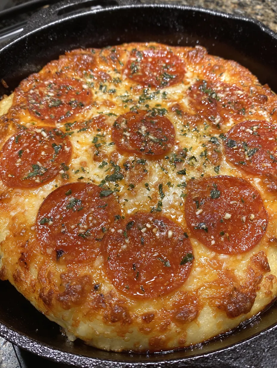 A pizza in a cast iron skillet.