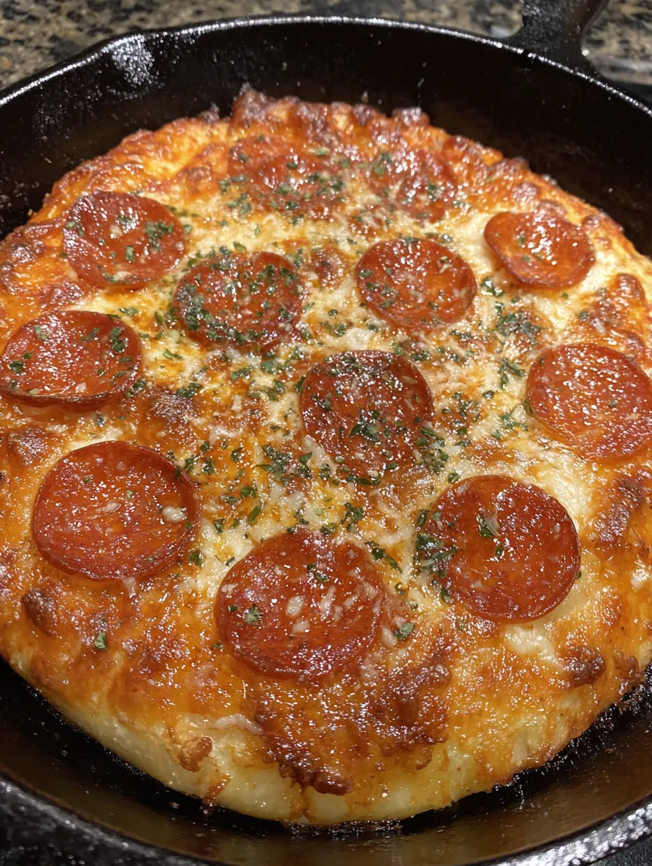 A pizza in a cast iron skillet.