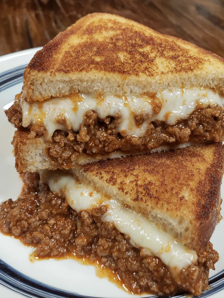 A grilled cheese sandwich with sloppy joe on top.