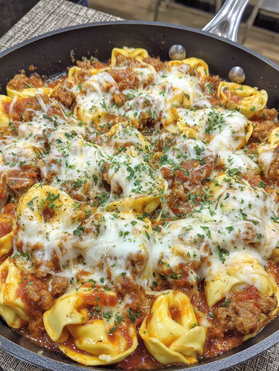 A close up of a cheesy sausage tortellini.