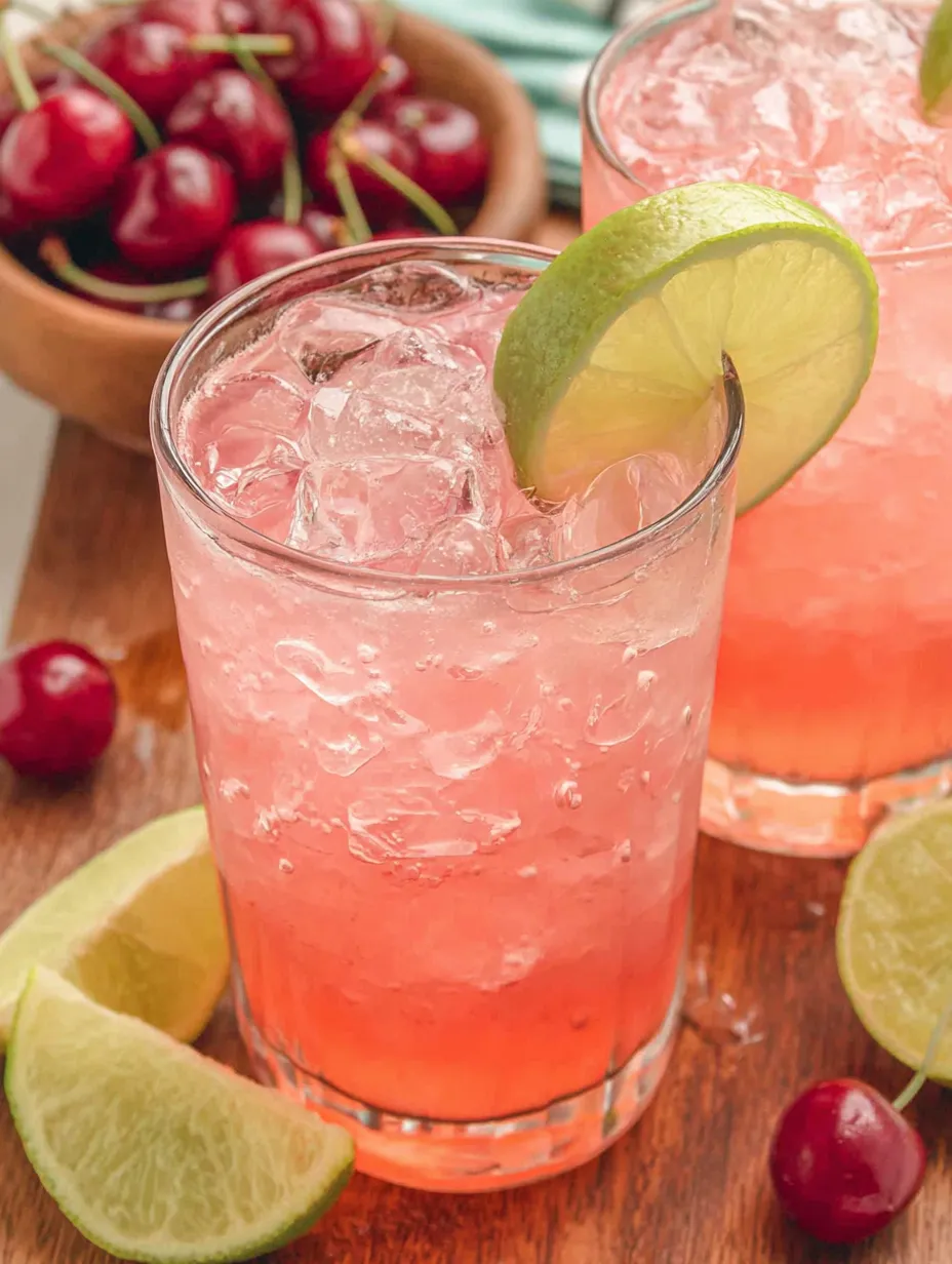 A glass of pink drink with a lime wedge in it.