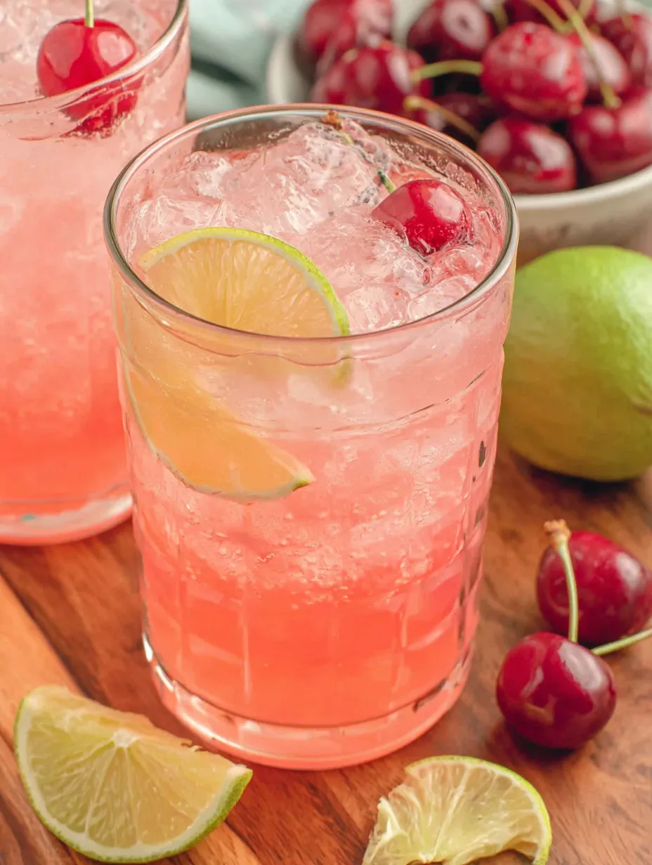 A glass of pink drink with a slice of lime and cherry on the side.