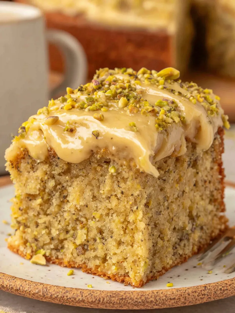 A slice of lemon pistachio cake with a drizzle of caramel sauce.