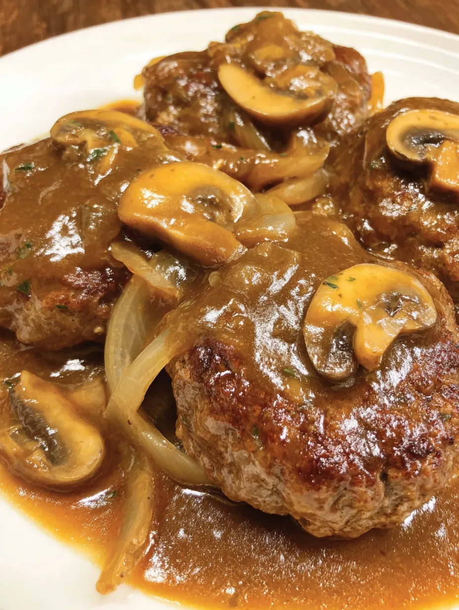 Hamburger steaks with gravy and mushrooms.