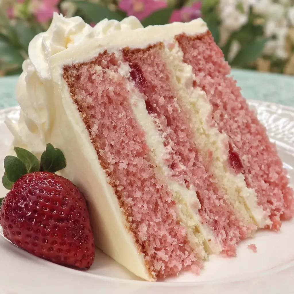 A slice of pink cake with white frosting and a strawberry on top.