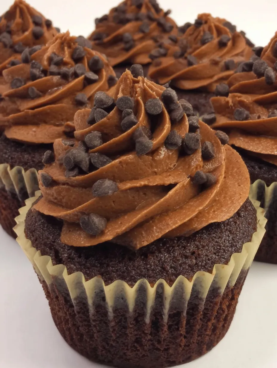 Chocolate cupcakes with chocolate frosting and chocolate chips.