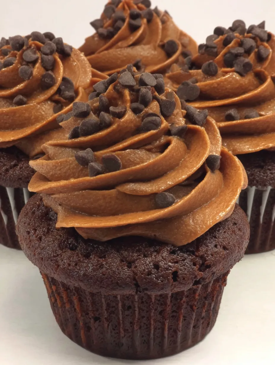 Two brown cupcakes with chocolate frosting.
