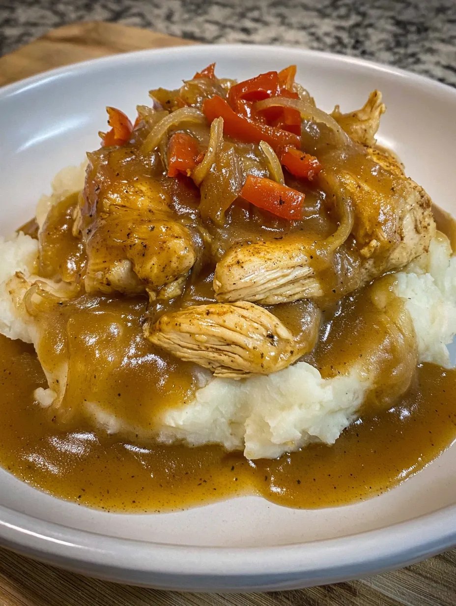 A plate of smothered chicken and onion gravy.