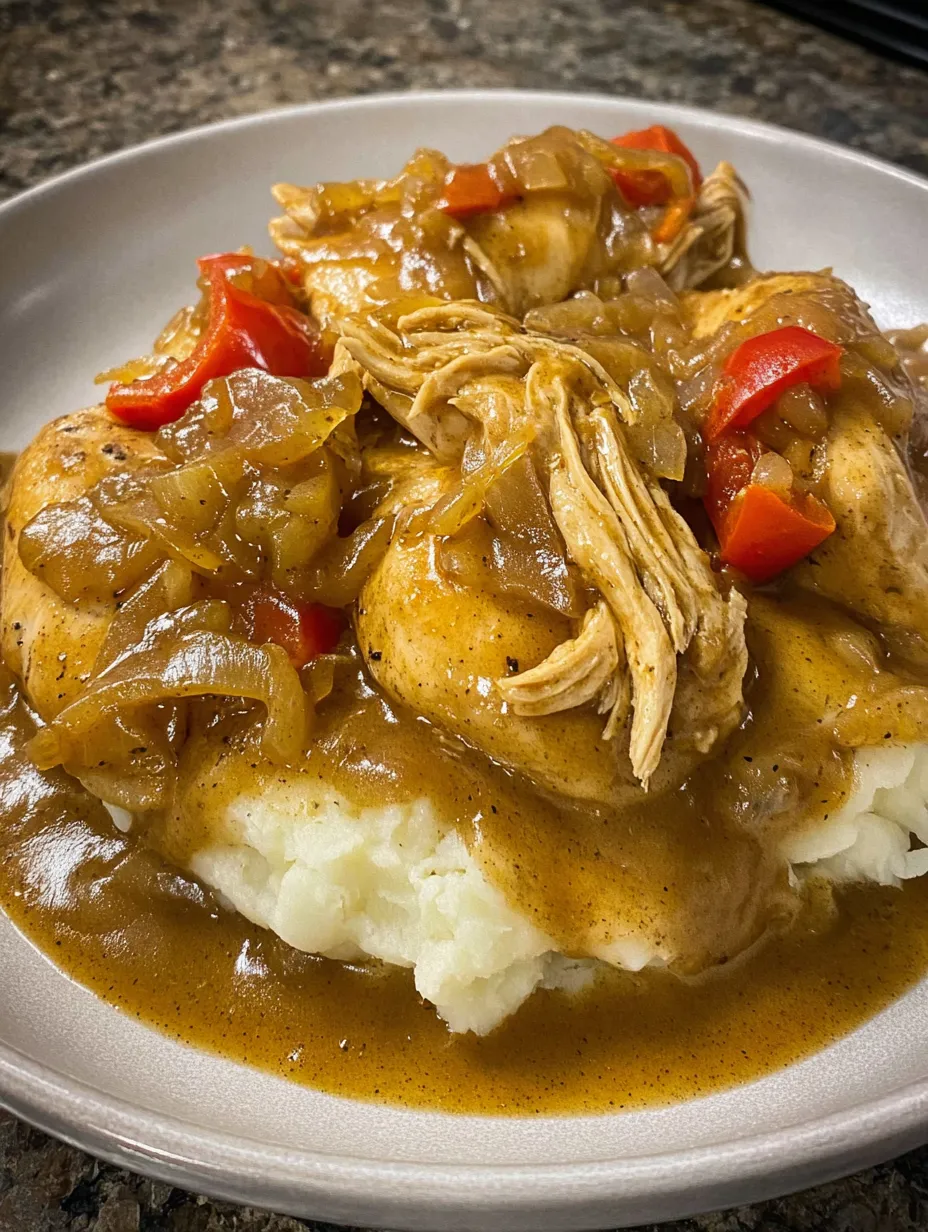 A plate of smothered chicken and onion gravy.