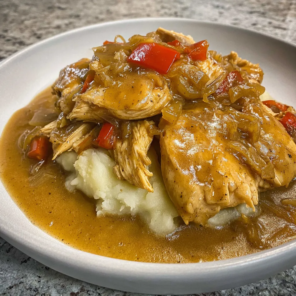 A plate of smothered chicken and onion gravy.