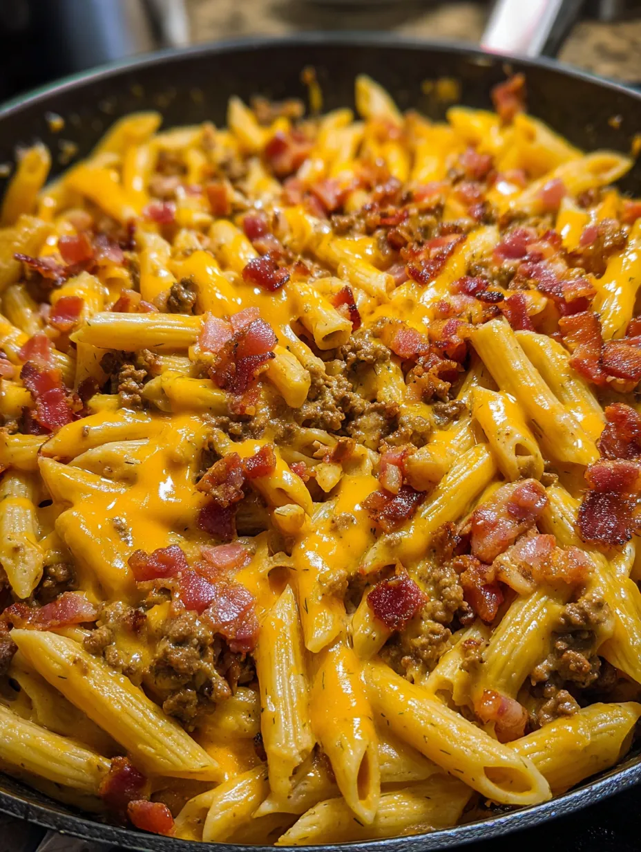A plate of pasta with bacon and cheese.