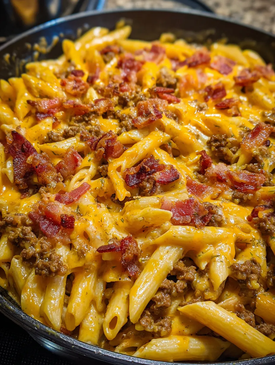 A delicious bacon cheeseburger pasta dish.