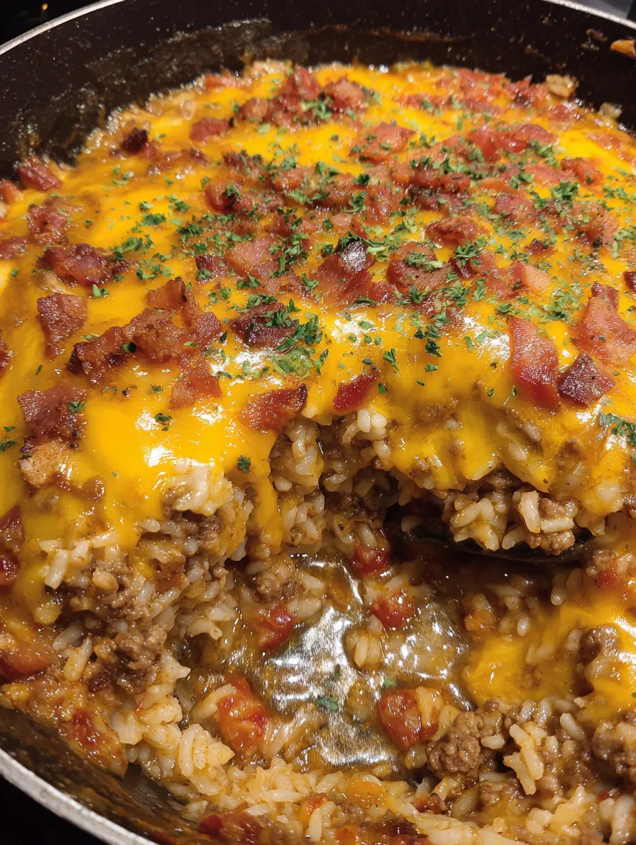 A close up of a bacon cheeseburger rice.