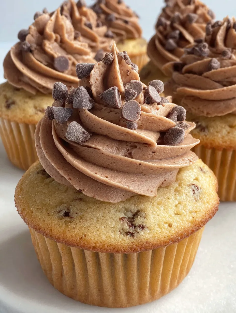 A chocolate chip cupcake with a chocolate frosting.