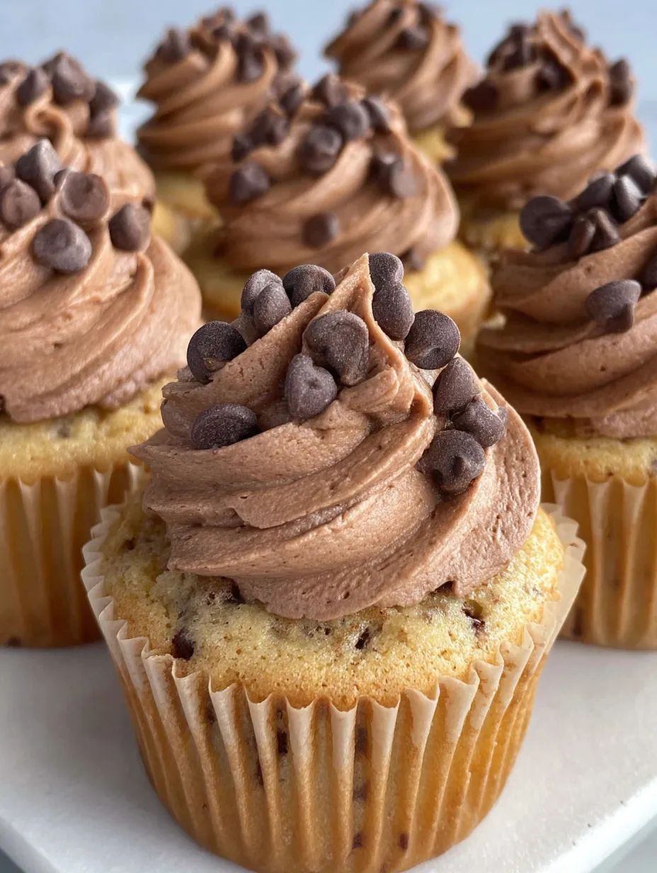 Chocolate chip cupcakes with chocolate chips on top.