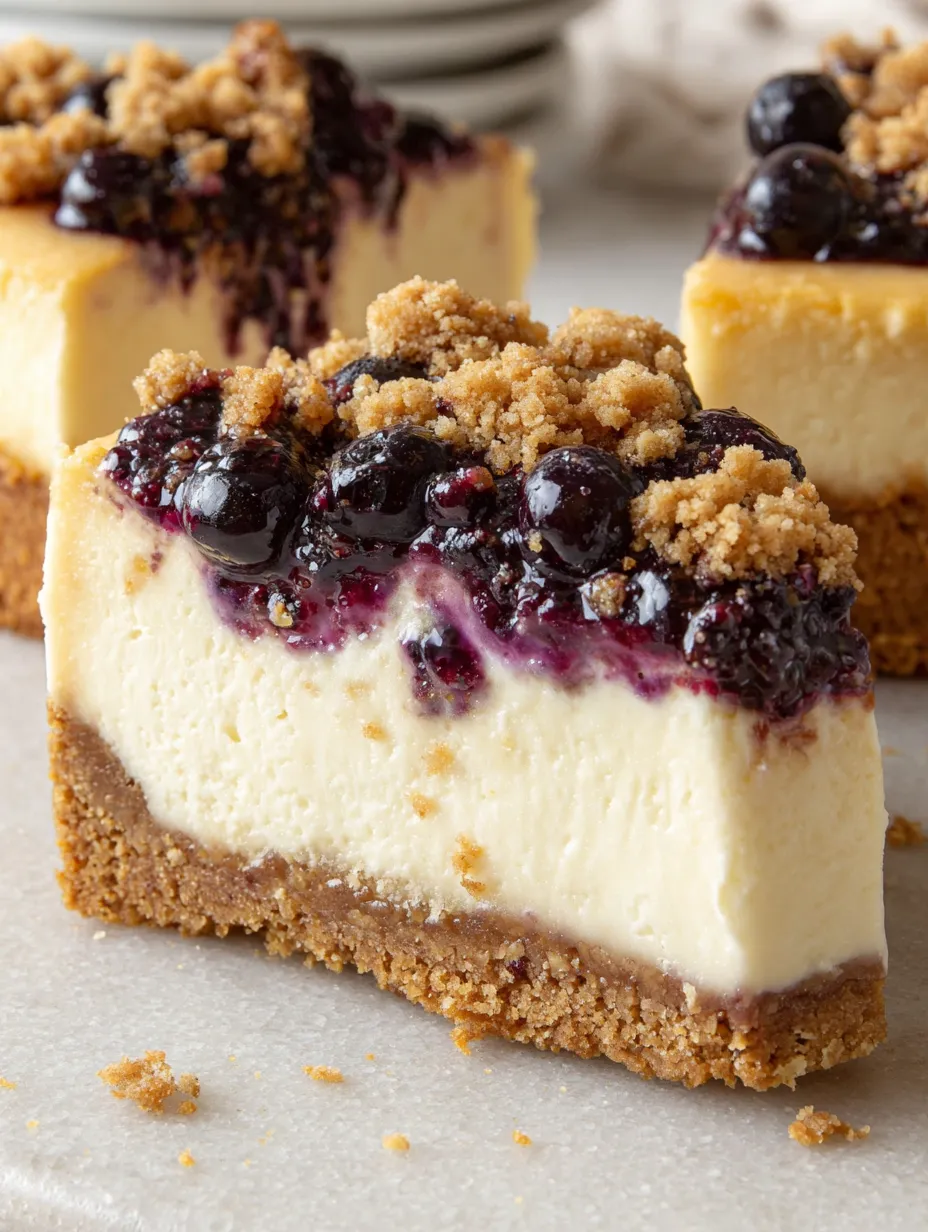 A slice of blueberry crumble cheesecake.
