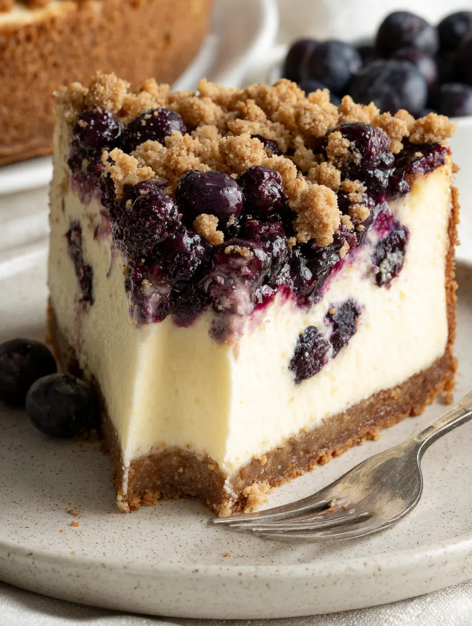 A slice of blueberry crumble cheesecake.
