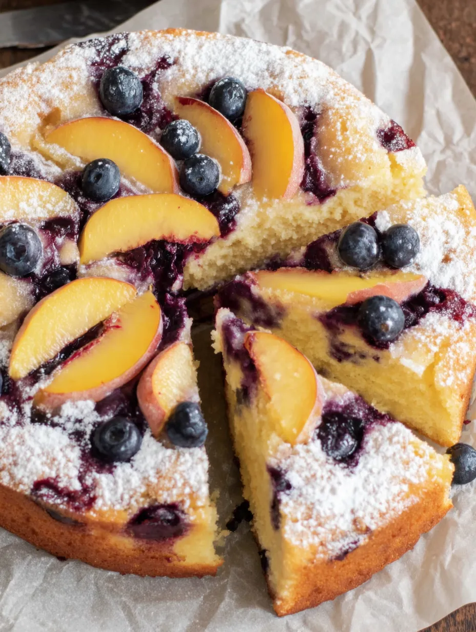 A slice of peach blueberry cake.