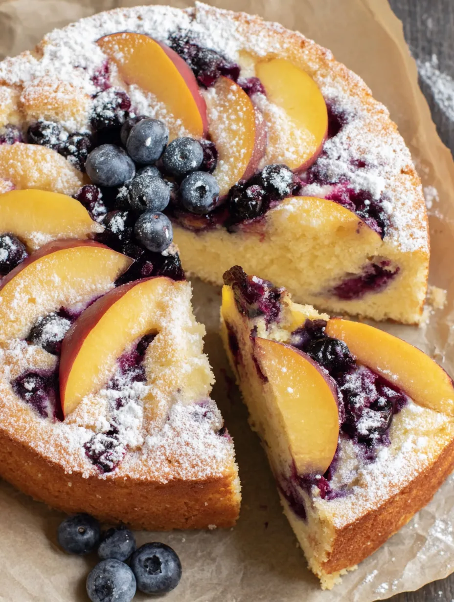 A slice of peach blueberry cake.